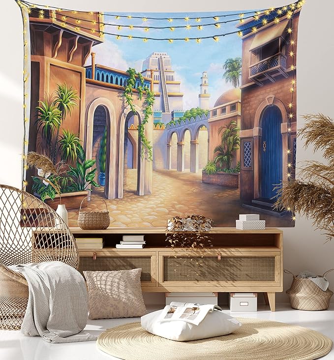 Lunarable City Tapestry, Babylon City Gardens Architecture 7 Wonders of the World, Fabric Wall Hanging Decor for Bedroom Living Room Dorm, 30" X 45", Caramel Green