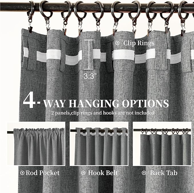 Neutral Grey Blackout Linen Curtains 84 Inch Length 2 Panels Set, Back Tab Loop Pocket Thermal Insulated Light Blocking Black Out Linen Weave Drapes for Offices Living Room 52x84 Inch, Frost Gray