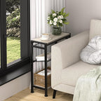 Small Side Table Set of 2 for Small Space, 3-Tier Narrow End Table with Magazine Holder, Slim Nightstand, Skinny Snack Couch Table in Living Room, Bedroom, Kitchen and Balcony (Greige)