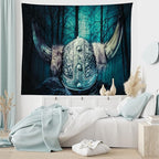Lunarable Viking Tapestry, Barbarian Warrior Head with Horns in Mystical Scandinavian Forest, Wide Wall Hanging for Bedroom Living Room Dorm, 80" X 60", Petrol Blue Sand Brown