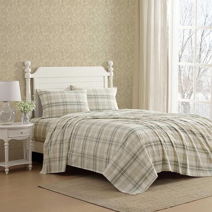 Laura Ashley - Flannel Sheets Twin Size, Anti-Pilling & Wrinkle Resistant Cotton, Touchably Soft for All-Season Comfort - Bed Sheets with Matching Pillowcase & Fitted Sheet (Mulholland Plaid Green)