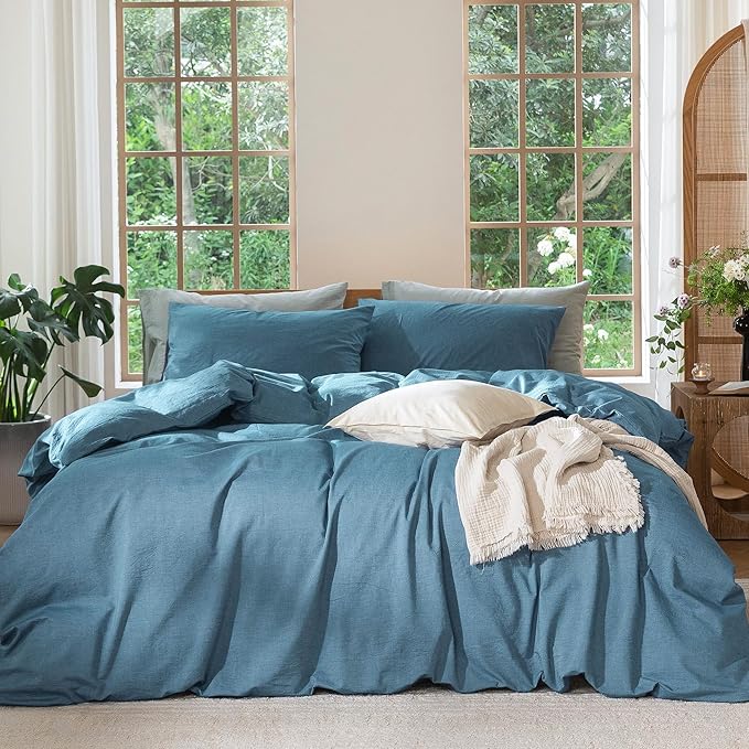 MooMee Bedding Duvet Cover Set 100% Washed Cotton Linen Like Textured Breathable Durable Soft Comfy (Heathered Peacock Blue, King 104"x90")