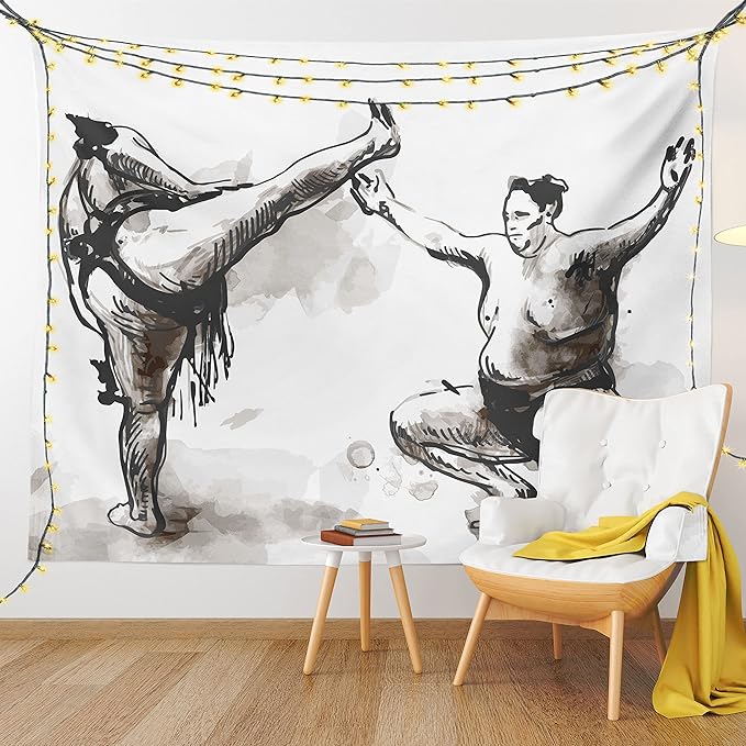 Lunarable Japan Tapestry, Sumo Martial Arts Theme in Hand Drawn Style Wrestlers Sportsmen Self Defence, Fabric Wall Hanging Decor for Bedroom Living Room Dorm, 23" X 28", Black White