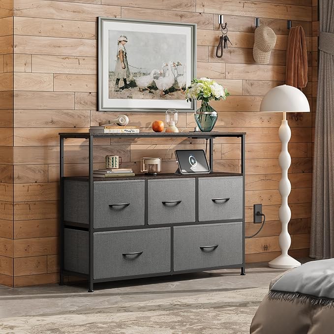 WLIVE 5 Drawer Dresser TV Stand for 45 Inch TV, Entertainment Center with Open Shelf and Power Outlet, Chest of Drawers for Bedroom, Living Room, Closet, Dark Grey