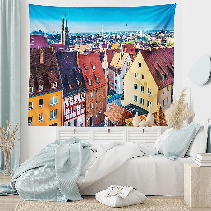 Lunarable City Tapestry, Aerial View of Historical German Town Nuremberg Skyline with Old Buildings View Print, Fabric Wall Hanging Decor for Bedroom Living Room Dorm, 45" X 30", Vermilion Aqua