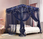 Mengersi 4 Corners Post Canopy Bed Curtains Navy Blue- Bed Canopy Royal Luxurious Bed Drapes Netting- Elegant Bedroom Decoration Accessories for Adults,King