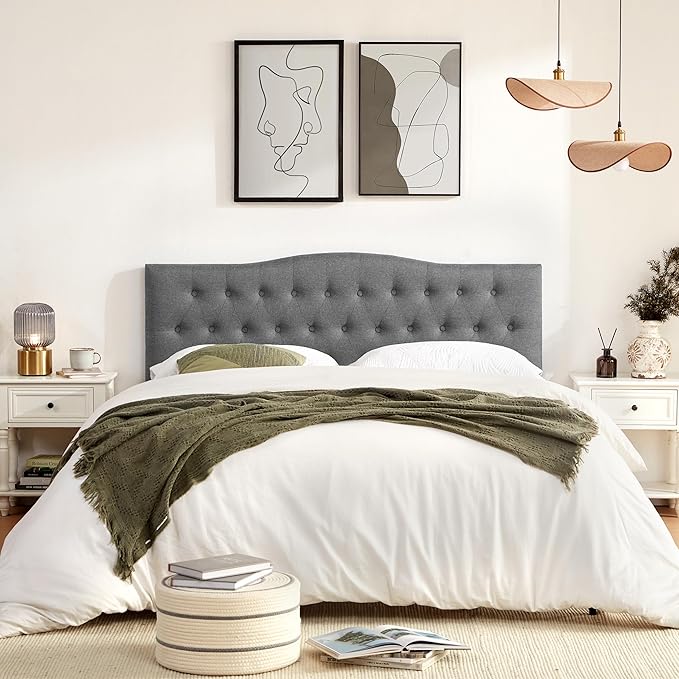 Tufted Upholstered Headboard Queen Size, Sturdy and Durable Solid Wood Bed headboard, Fabric Headboard Adjustable Height from 37” to 51”, Modern Button Diamond Design Head Board, Grey
