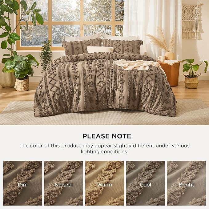 Bedsure Tufted Boho Comforter Set Queen Size - Light Brown Boho Bed Set, GentleSoft™ 3 Pieces Farmhouse Shabby Chic Embroidery Bedding, Gifts for Woman, Jacquard Queen Comforter for All Seasons
