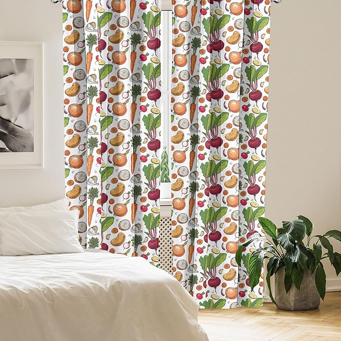 Ambesonne Vegetables 2 Panel Curtain Set, Continuous Pattern of Sketchy Painted Healthy Natural Tasty Food Illustration, Window Treatment Living Room Bedroom Decor, Pair of - 28" x 84", Green Orange