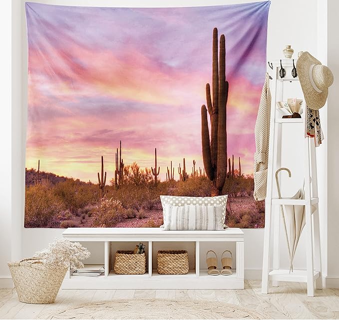 Ambesonne Saguaro Tapestry, Saguaros Wilderness Nature Ecosystem Sun Rays Clouds Scenic Picture, Wide Wall Hanging for Bedroom Living Room Dorm, 80" X 60", Lilac Pale Pink Green