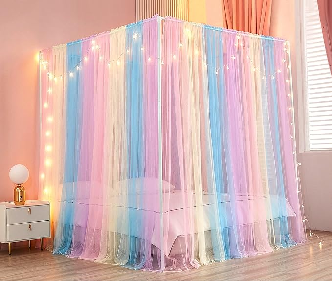 Akiky Canopy Bed Curtains with Lights 4 Corner Post Bed Canopy for Adults Girls, Rainbow Bed Drapes Netting-8 Panel Curtains,Twin