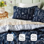 Bedsure Queen Comforter Set - Navy Bed Set, 3 Pieces Cute Floral Bedding, 1 Soft Reversible Botanical Flowers Comforter and 2 Pillow Shams