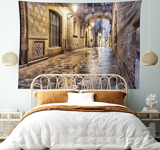 Lunarable City Tapestry, Narrow Street Gothic Design Architecture Carrer del Bisbe Barcelona Spain Europe, Wide Wall Hanging for Bedroom Living Room Dorm, 60" X 40", Tan Pale Brown