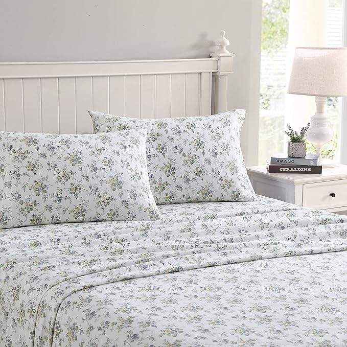 Laura Ashley - Flannel Sheets Queen Size, Anti-Pilling & Wrinkle Resistant Cotton, Touchably Soft for All-Season Comfort - Bed Sheets with Matching Pillowcases & Fitted Sheet (Le Fleur Cottage Blue)