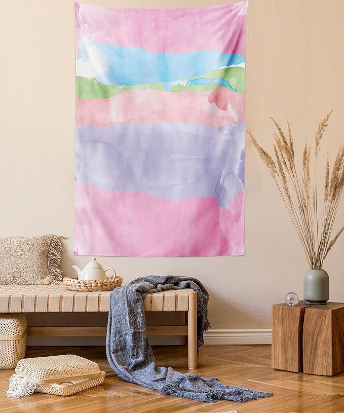 Lunarable Abstract Tapestry Queen Size, Paintbrush Watercolor Large Pastel Horizontal Stripes in Various Tones Boho Print, Wall Hanging Bedspread Bed Cover Wall Decor, Queen Size, Lilac Pink