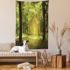 Lunarable Woodland Tapestry Twin Size, Tall Forest Trees Basking in The Morning Peaceful Environment in Green Nature, Wall Hanging Bedspread Bed Cover Wall Decor, Twin Size, Green Chocolate