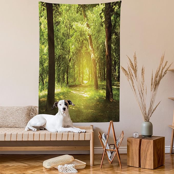 Lunarable Woodland Tapestry Twin Size, Tall Forest Trees Basking in The Morning Peaceful Environment in Green Nature, Wall Hanging Bedspread Bed Cover Wall Decor, Twin Size, Green Chocolate