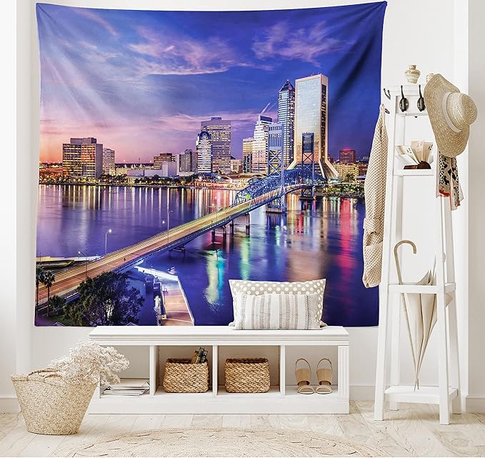 Ambesonne Urban Tapestry, Jacksonville Florida Architecture Business District Cityscape Evening Scene, Wide Wall Hanging for Bedroom Living Room Dorm, 60" X 40", Violet Blue Peach
