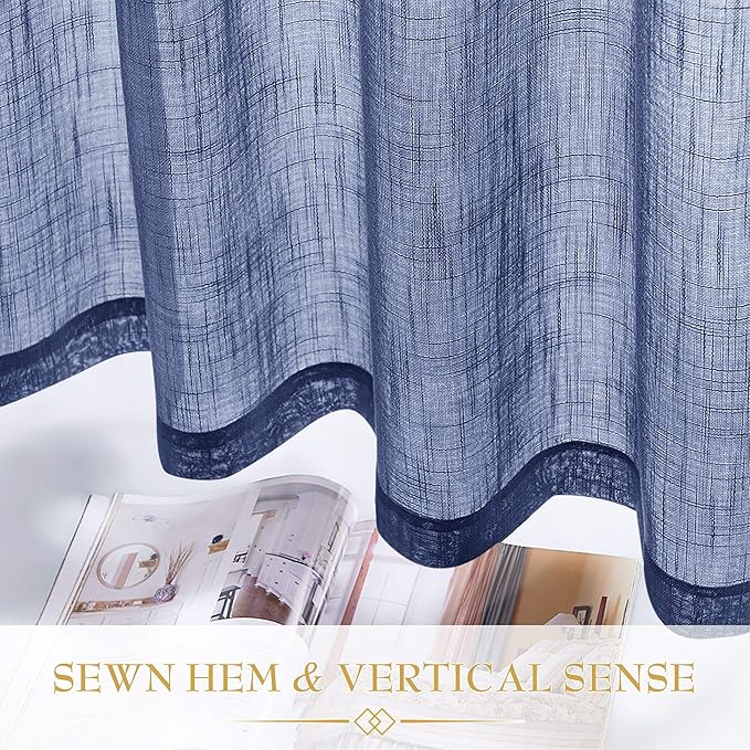 RYB Home Linen Sheer Curtains - Grommet Semi Sheer Privacy Farmhouse Curtain Panels for Bedroom Office Living Room, W 52 inch x L 45 inch, 2 Pcs, Navy Blue