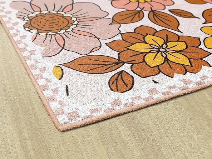 Flagship Carpets Schoolgirl Style Retro Floral Educational Area Rug for Kids Room Seating Décor, Children's Classroom, Play Carpet for Teaching and Playroom, 5' x 7'6", Pink