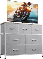 WLIVE 7 Drawer Dresser TV Stand, Entertainment Center, Media Console Table with Metal Frame and Wood Top for TV up to 45 inch, Chest of Drawers for Bedroom, Living Room, Light Grey
