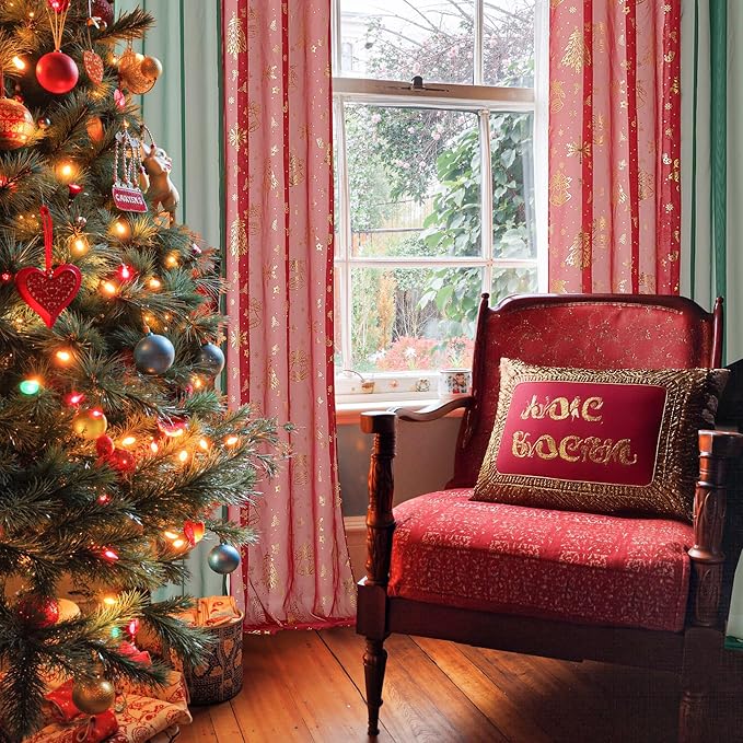 NICETOWN 4 Pieces Christmas Curtain Bundle, 2 Pieces W29xL84 Green Sheer Curtains & 2 Pieces W40xL84 Gold - Foil Stamped Drapes, Elevate Your Holiday Decor