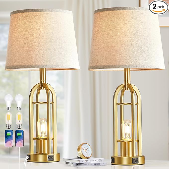 Gold Table Lamps for Living Room Set of 2 - Modern Farmhouse Bedside Lamps for Bedroom Night Stands with Nightlight and USB A+C, Industrial Lamp for Living Room End Tables