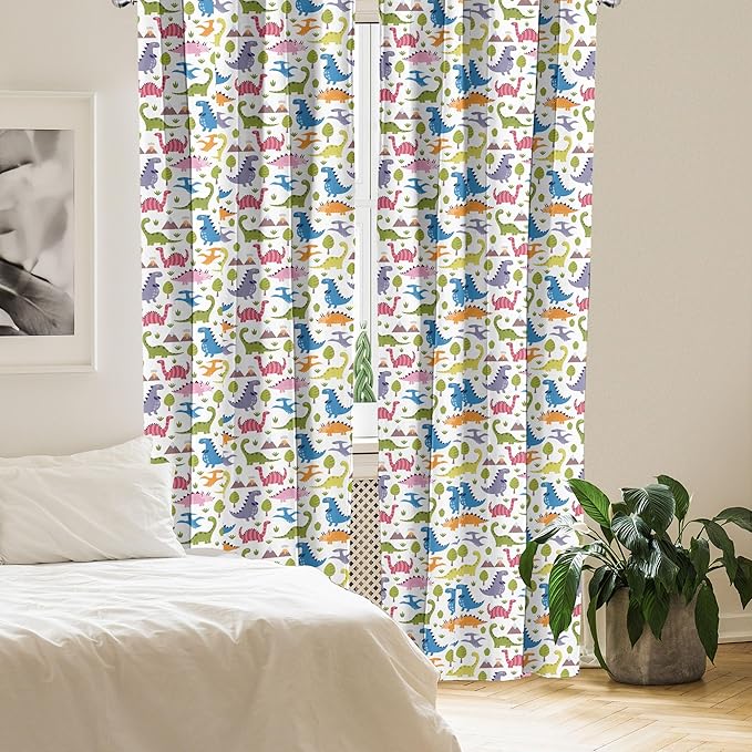 Ambesonne Dino Window Curtains, Cartoon Style Colorful Dinosaurs T-Rex Triceratops Prehistoric Reptile Wildlife, Lightweight Decor 2-Panel Set with Rod Pocket, Pair of - 28" x 63", Blue Green