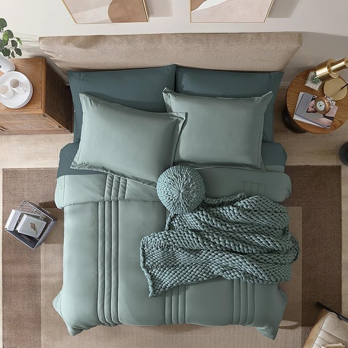 Monbix Twin XL Size Comforter Set - Extra Long 5 Pieces Dorm Bedding Sets, Quilting Design Fluffy Bed in a Bag Twin XL with Sheets, Pillowcase & Sham (Sage Green)