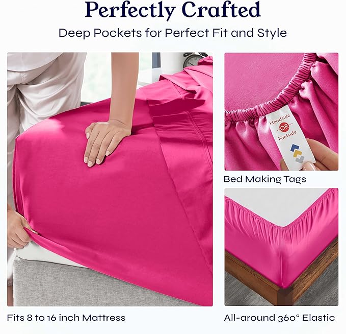 California Design Den Natural 100% Cotton Bed Sheets King Size Set - 400 Thread Count Sateen, Deep Pocket King Size Sheet Set, All Around Elastic, Soft, Cool and Durable Bedding - Hot Pink