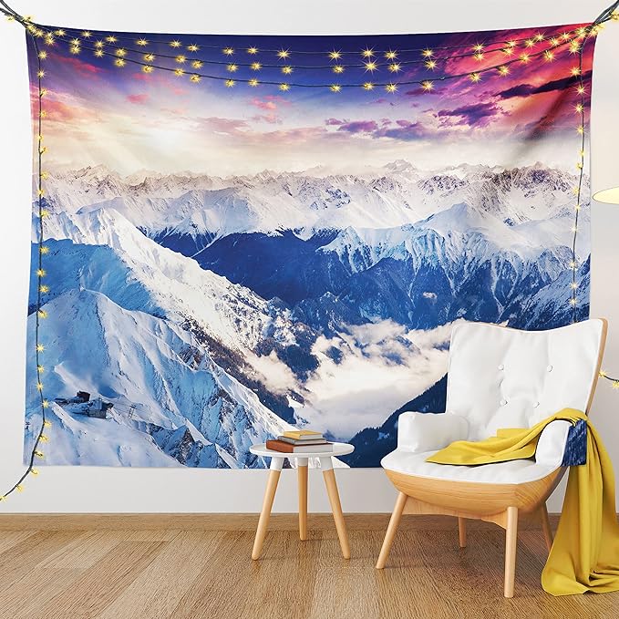 Ambesonne Europe Tapestry, Mountain Peak Snowy Winter Colorful Sky Sunbeams Adventure Austria, Wide Wall Hanging for Bedroom Living Room Dorm, 80" X 60", Coral Night