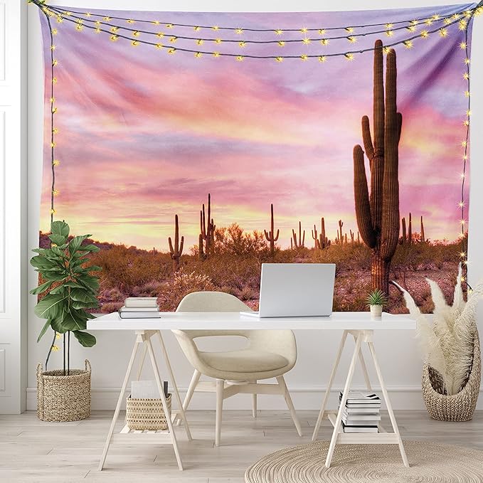 Ambesonne Saguaro Tapestry, Saguaros Wilderness Nature Ecosystem Sun Rays Clouds Scenic Picture, Wide Wall Hanging for Bedroom Living Room Dorm, 80" X 60", Lilac Pale Pink Green