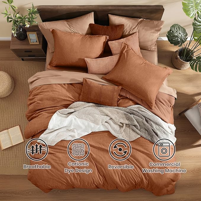 Monbix California King Comforter Set - 7 Pieces Cationic Dyeing Autumn Leaf Bed in a Bag Cal King Bed Sets with Comforter, Sheets, Pillowcases & Shams, Reversible Bedding Comforters Sets (108 * 92)
