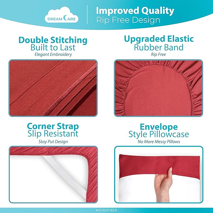 DREAMCARE Twin Sheets - 3pcs Cooling Sheets up to 21' Extra Deep Pocket Twin Bed Sheets - Twin Sheet Set - Soft & Long Lasting 100% Fine Brushed Polyester with Side Pocket - Brgndy