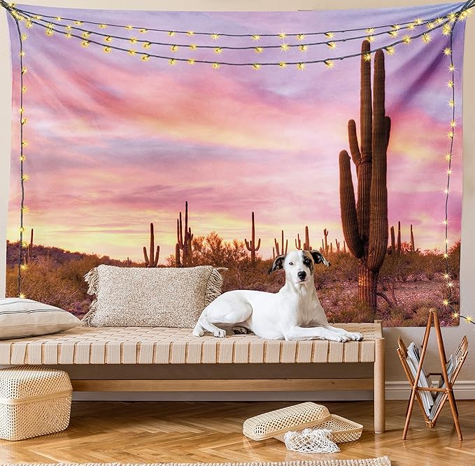 Ambesonne Saguaro Tapestry, Saguaros Wilderness Nature Ecosystem Sun Rays Clouds Scenic Picture, Wide Wall Hanging for Bedroom Living Room Dorm, 80" X 60", Lilac Pale Pink Green