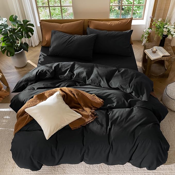 MooMee Bedding Duvet Cover Set 100% Washed Cotton Linen Like Textured Breathable Durable Soft Comfy (Solid Black, Oversized King Plus 128"x120")