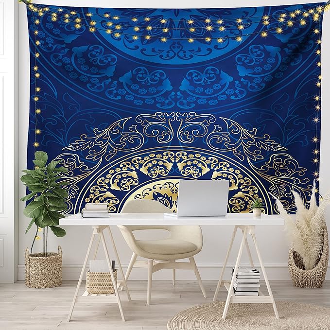 Lunarable Royal Blue Tapestry King Size, Vintage Eastern Circular Floral Old Fashioned Design, Wall Hanging Bedspread Bed Cover Wall Decor, King Size, Blue Yellow