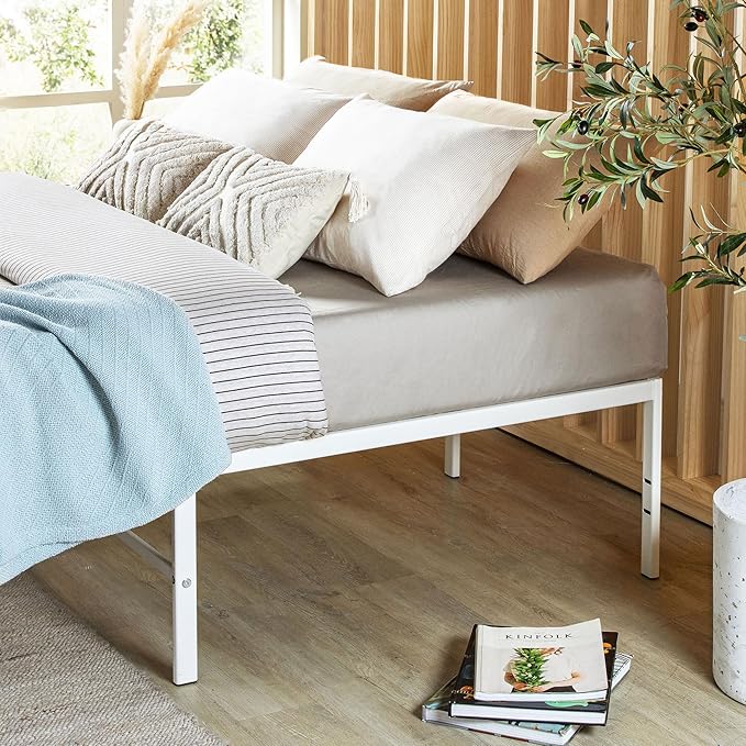 Best Price Mattress 16 Inch Metal Platform Bed Frame, Heavy Duty Steel Slats, White, Full