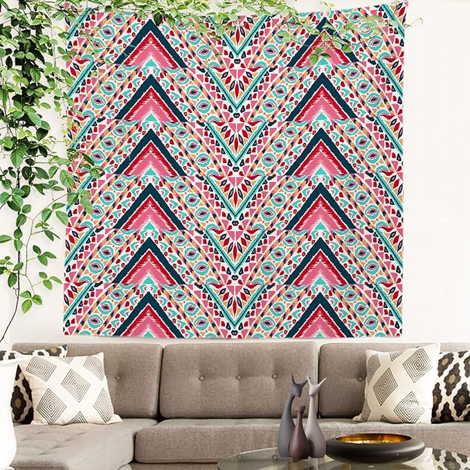 Batmerry Modern Stripe Geometric Tapestry,Boho Tribal ethnic Seamless striped Wall Art Hanging Decoration Polyester Fiber White Ruffled Around for Dorm Room Bedroom Living Room, 59.1x59.1 inches