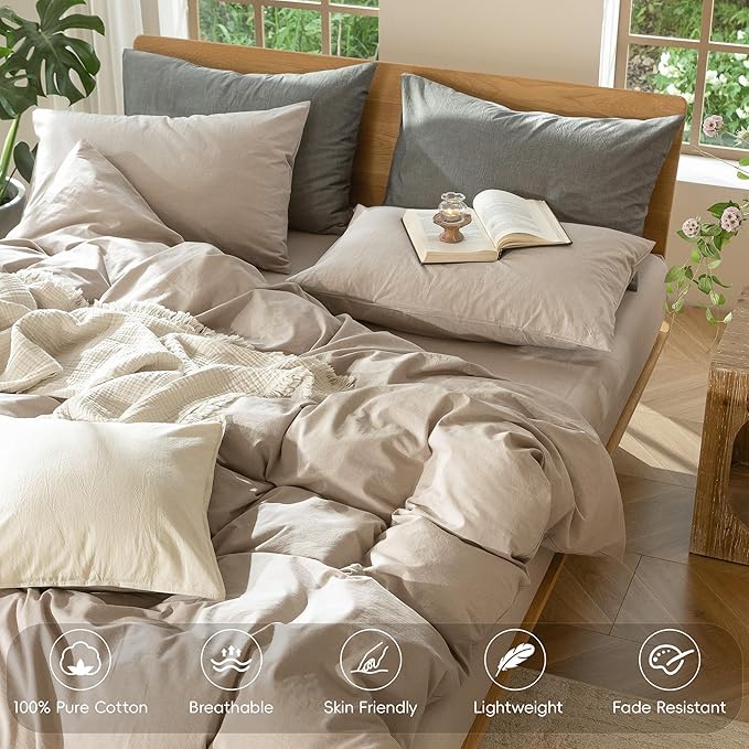 MooMee Bedding Duvet Cover Set 100% Washed Cotton Linen Like Textured Breathable Durable Soft Comfy (Heathered Taupe, Full 80"x90")