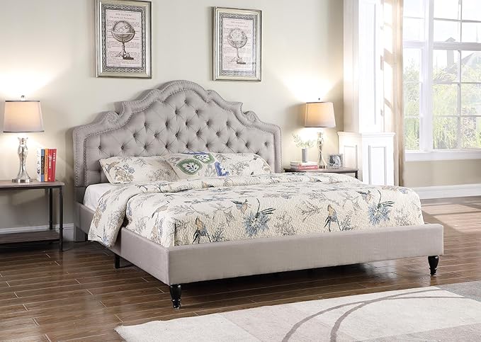 HomeLife Premiere Classics 51" Tall Platform Bed with Cloth Headboard and Slats - Full (Light Grey Silver)