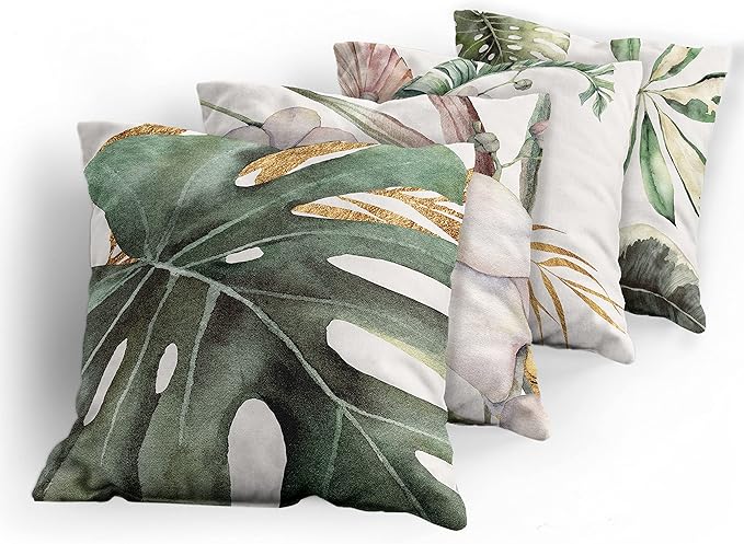 Ambesonne Vintage Tropical Throw Pillow Cushion Case Pack of 4, Retro Botanical Summer Vibes Monstera Leaf Orchid Flowers, Modern Accent Double-Sided Digital Printing, 18", Laurel Green Ginger Blush