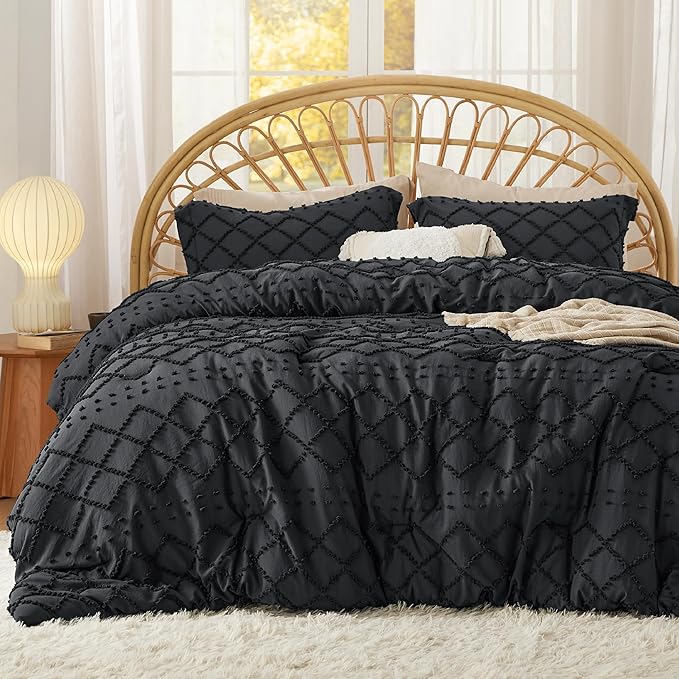 Bedsure Full Comforter Set - Black Comforter, Boho Tufted Shabby Chic Bedding for Kids, 3 Pieces Vintage Farmhouse Bed Set for All Seasons, Fluffy Soft Bedding with 2 Pillow Shams