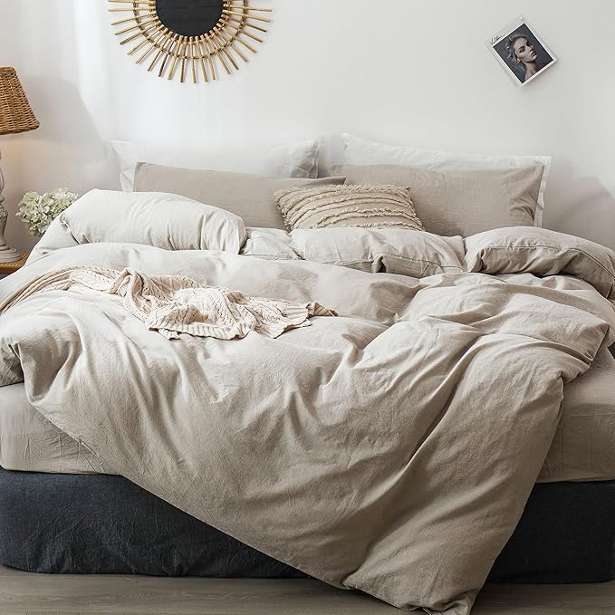 MooMee Bedding Duvet Cover Set 100% Washed Cotton Linen Like Textured Breathable Durable Soft Comfy (Heathered Tannish Linen Grey, Super King Plus 120"x120")