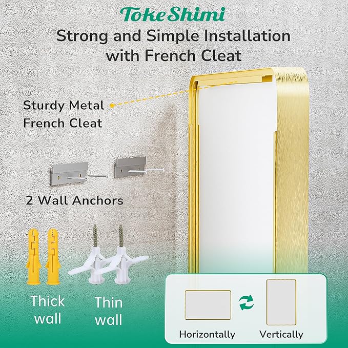 TokeShimi 72x36 Brushed Gold Bathroom Mirror,Tempered Glass,Bathroom Wall Mirror with Seamless Aluminum Frame,Modern Bathroom Vanity Mirror Shatterproof(Horizontal/Vertical)