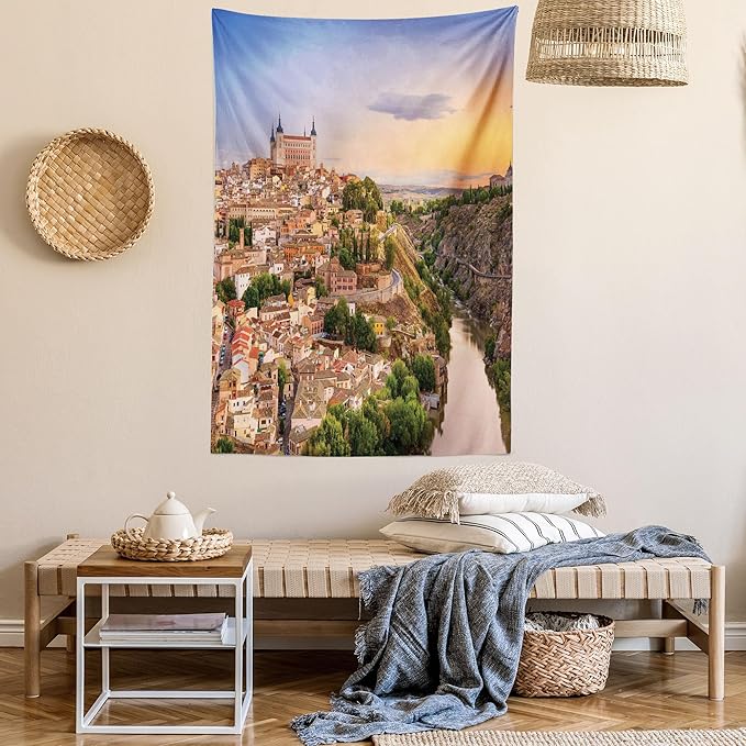 Ambesonne Scenery Tapestry, Toledo Spain Old City Over The Tagus River Downtown Castle Architecture, Wall Hanging for Bedroom Living Room Dorm Decor, 40" X 60", Apricot Cream Green