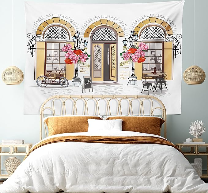 Lunarable Urban Tapestry King Size, European Coffee Shop at Paris Streets with Flowerbeds and Lanterns Romantic Print, Wall Hanging Bedspread Bed Cover Wall Decor, King Size, Beige Pink