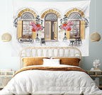 Lunarable Urban Tapestry King Size, European Coffee Shop at Paris Streets with Flowerbeds and Lanterns Romantic Print, Wall Hanging Bedspread Bed Cover Wall Decor, King Size, Beige Pink