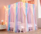 Akiky Canopy Bed Curtains with Lights 4 Corner Post Bed Canopy for Adults Girls, Rainbow Bed Drapes Netting-8 Panel Curtains,King