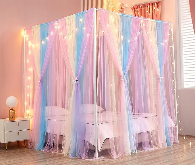 Akiky Canopy Bed Curtains with Lights 4 Corner Post Bed Canopy for Adults Girls, Rainbow Bed Drapes Netting-8 Panel Curtains,King